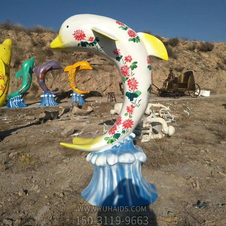玻璃鋼彩繪海豚，彩色印花海豚雕塑擺件