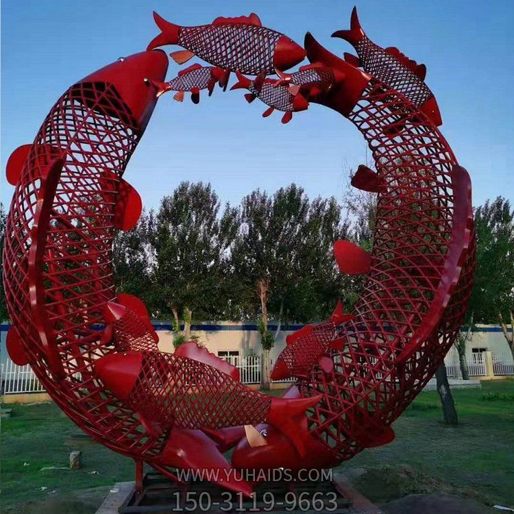 不銹鋼鏤空鯉魚(yú)環(huán)繞圓環(huán)雕塑 戶(hù)外公園小品擺件