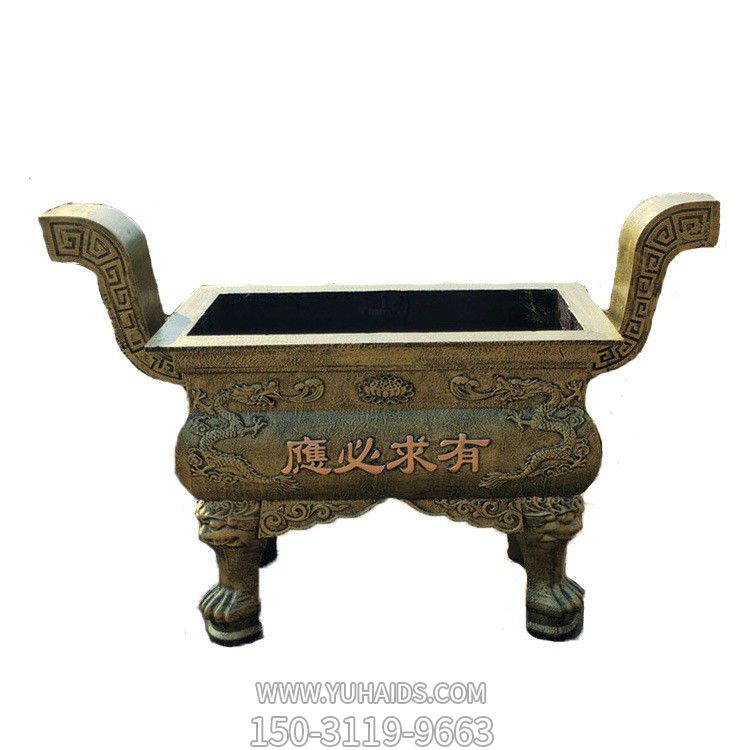 寺院戶(hù)外擺放長(zhǎng)形青銅方鼎平口祈福香爐雕塑