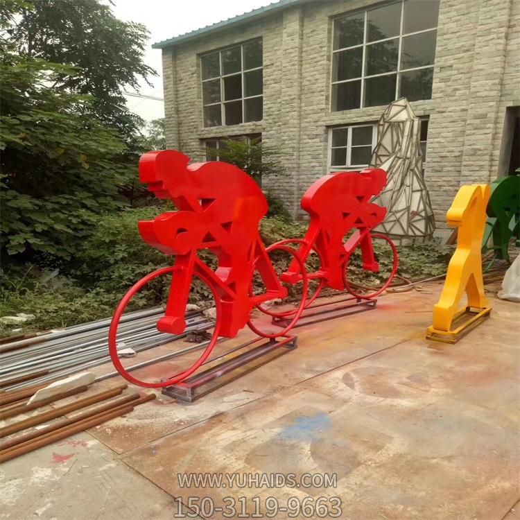 公園廣場擺放不銹鋼噴漆騎行抽象運(yùn)動人物雕塑