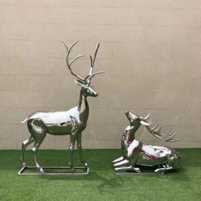 別墅小區(qū)不銹鋼，鏡面大型動物景觀梅花鹿