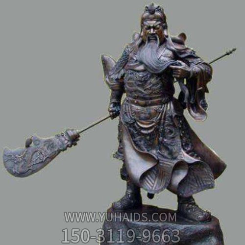 古銅關(guān)公像，右手持刀左手捻須站立的關(guān)于銅雕像雕塑