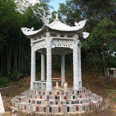 漢白玉六角石雕亭子，公園園林休息涼亭