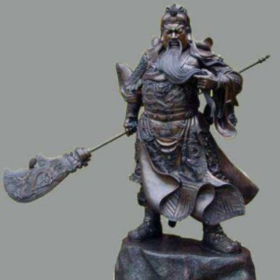 古銅關(guān)公像，右手持刀左手捻須站立的關(guān)于銅雕像