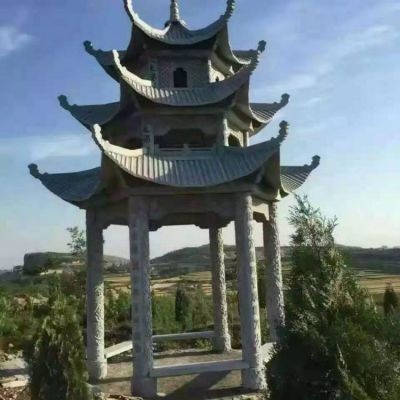 園林戶(hù)外裝飾天然青石雕刻復(fù)古三層涼亭擺件