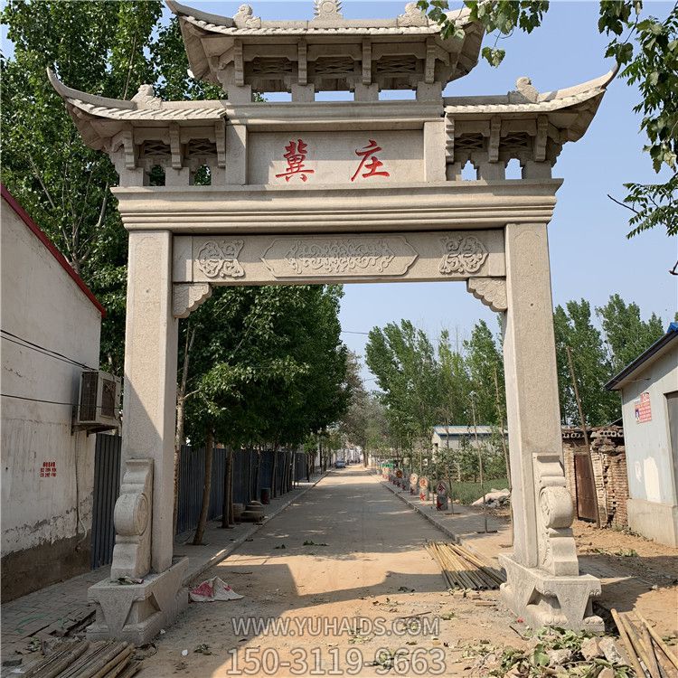 新農(nóng)村單門(mén)三樓花崗巖石雕門(mén)樓牌坊雕塑