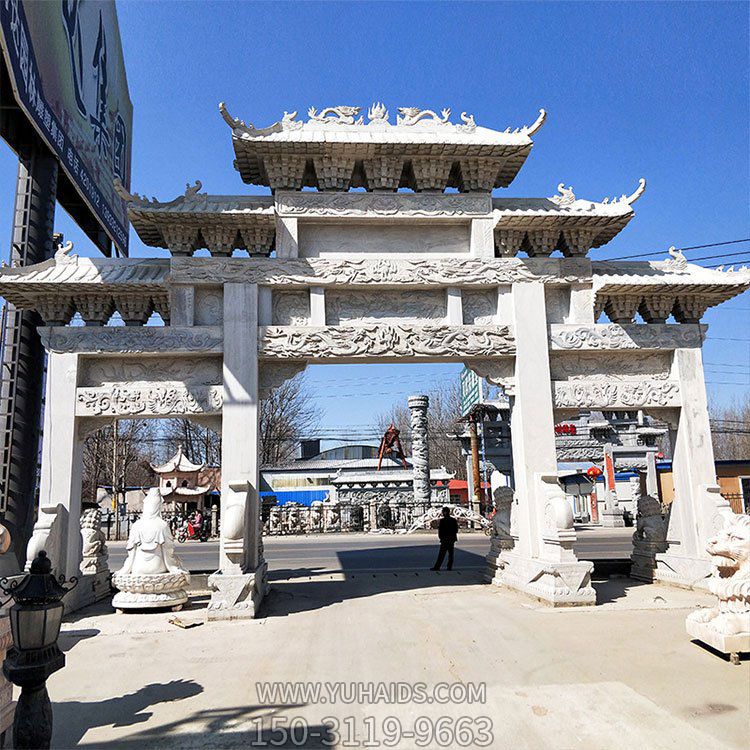 石雕牌坊，大型三間四柱漢白玉石雕牌樓雕塑