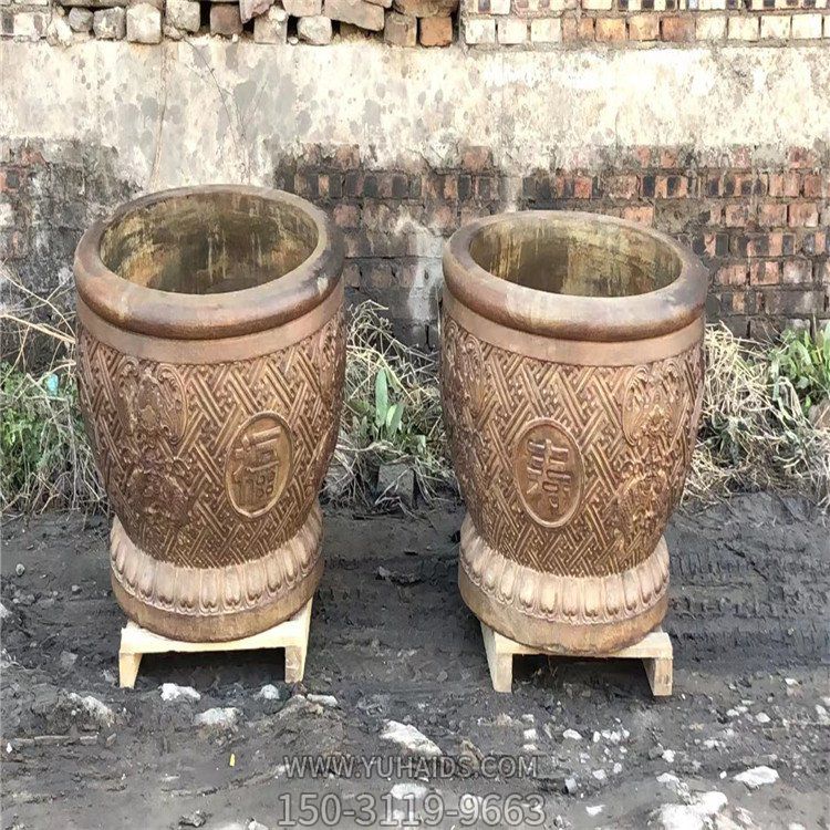 戶(hù)外庭院浮雕福壽仿古做舊缸雕塑