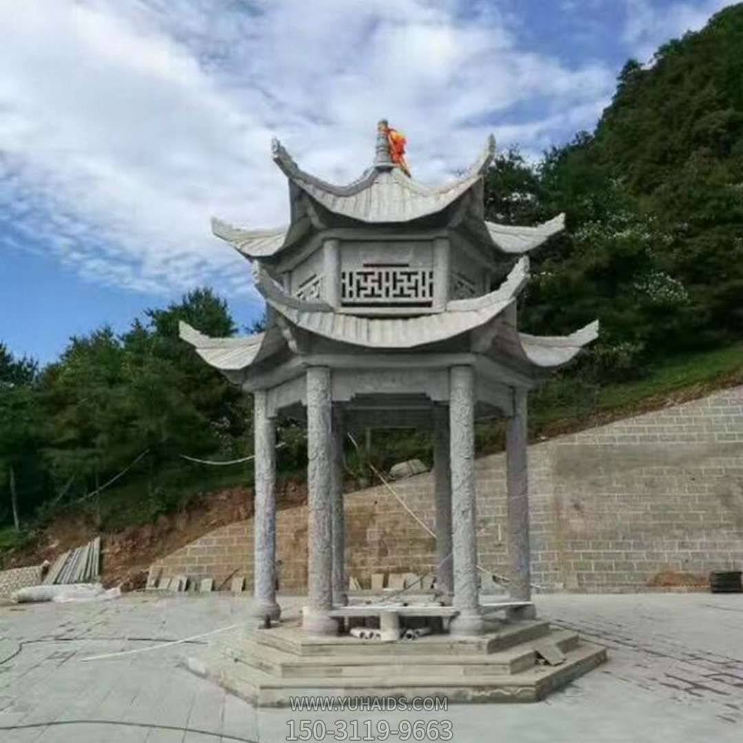 山景區(qū)寺院戶(hù)外擺放青石雕刻鏤空六柱休閑涼亭雕塑