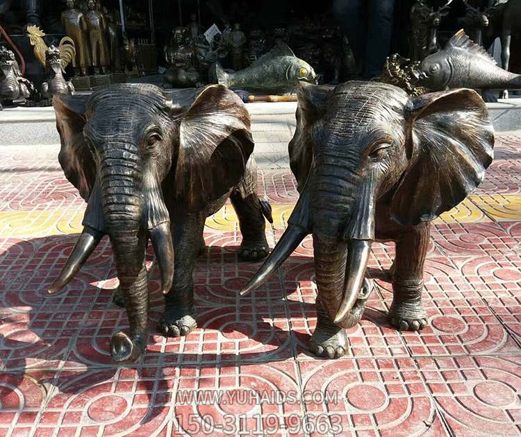 鑄銅小象一對，吉祥動物銅雕擺件雕塑