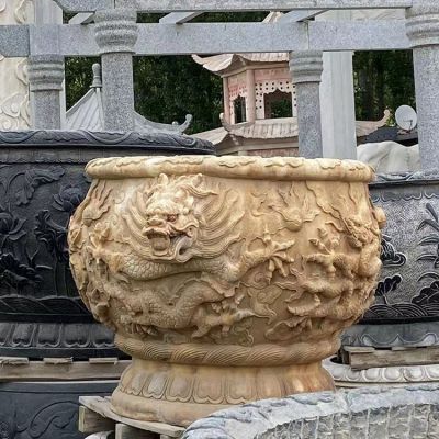 晚霞紅大理石石雕水缸，龍紋魚(yú)缸