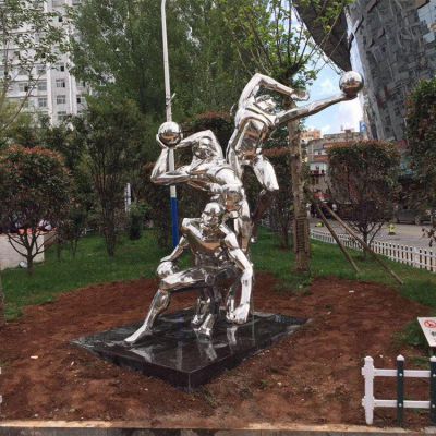 打籃球，不銹鋼鏡面體育運動主題人物雕塑
