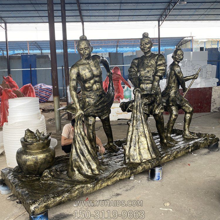 捕魚(yú)，玻璃鋼仿銅民俗生活人物情景雕塑