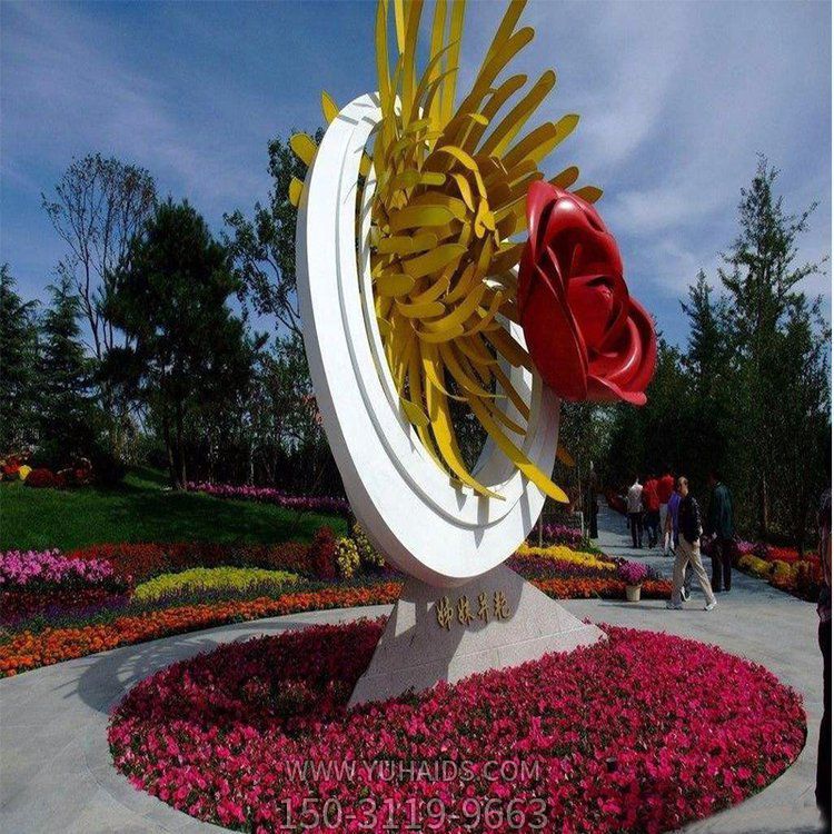 姊妹并艷，不銹鋼創(chuàng)意玫瑰花、菊花景觀雕塑