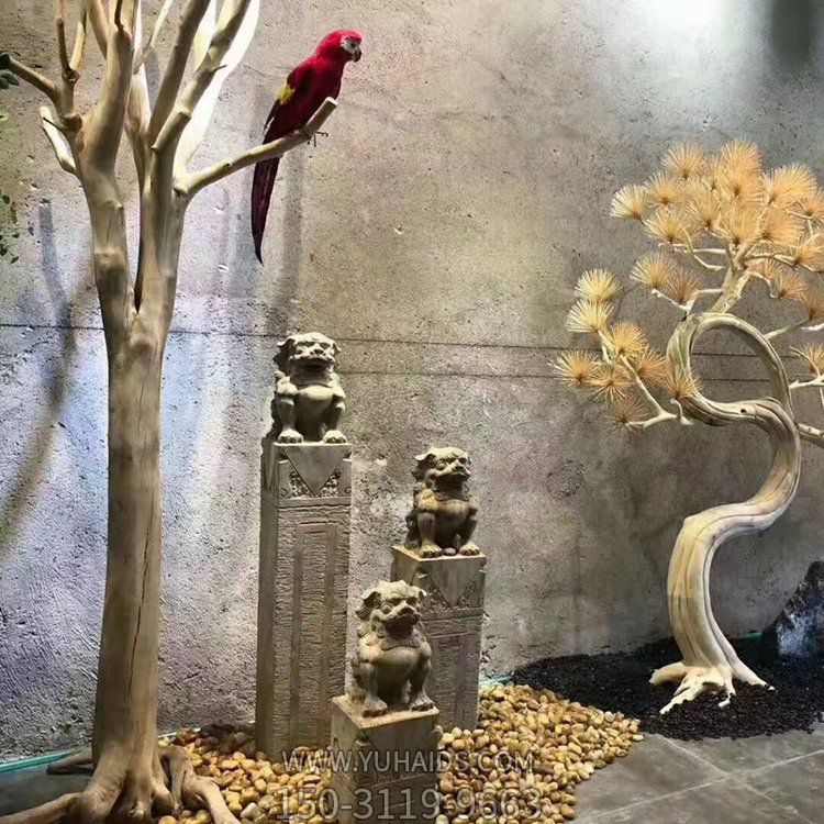 獅子栓馬柱，古建庭院裝飾擺件雕塑