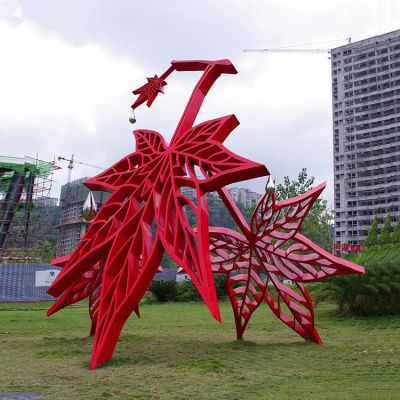 不銹鋼樹葉景觀擺件，紅色楓葉不銹鋼雕塑