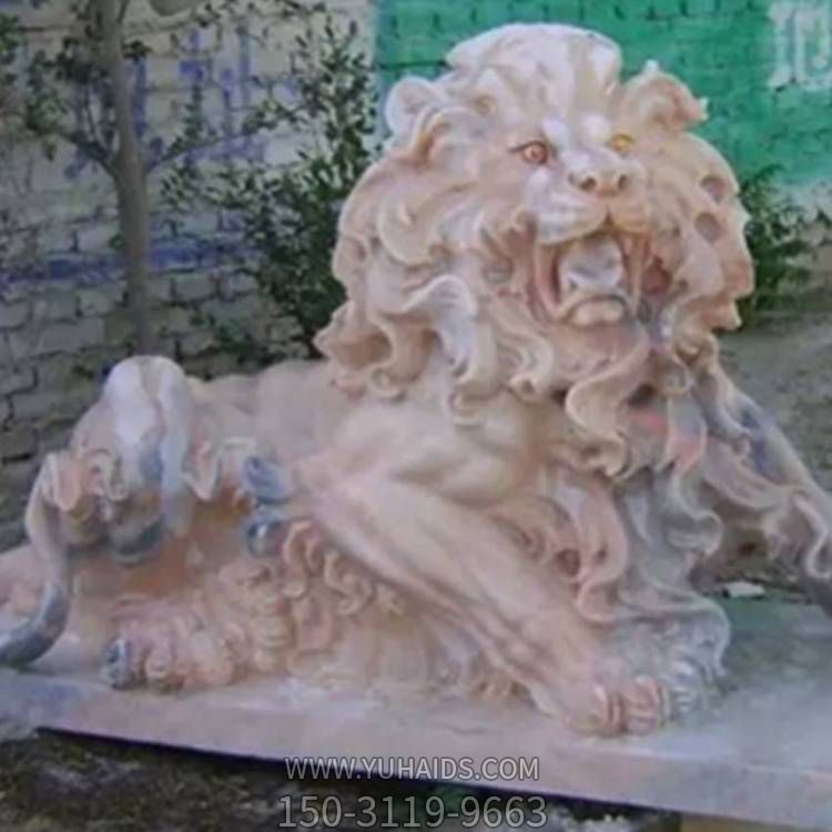 天然石材晚霞紅雕刻西方臥獅別墅小區(qū)門(mén)口擺件雕塑