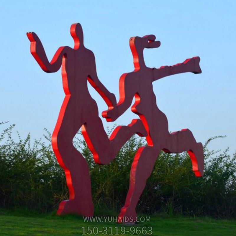 公園運(yùn)動人物奔跑的剪影情侶雕塑