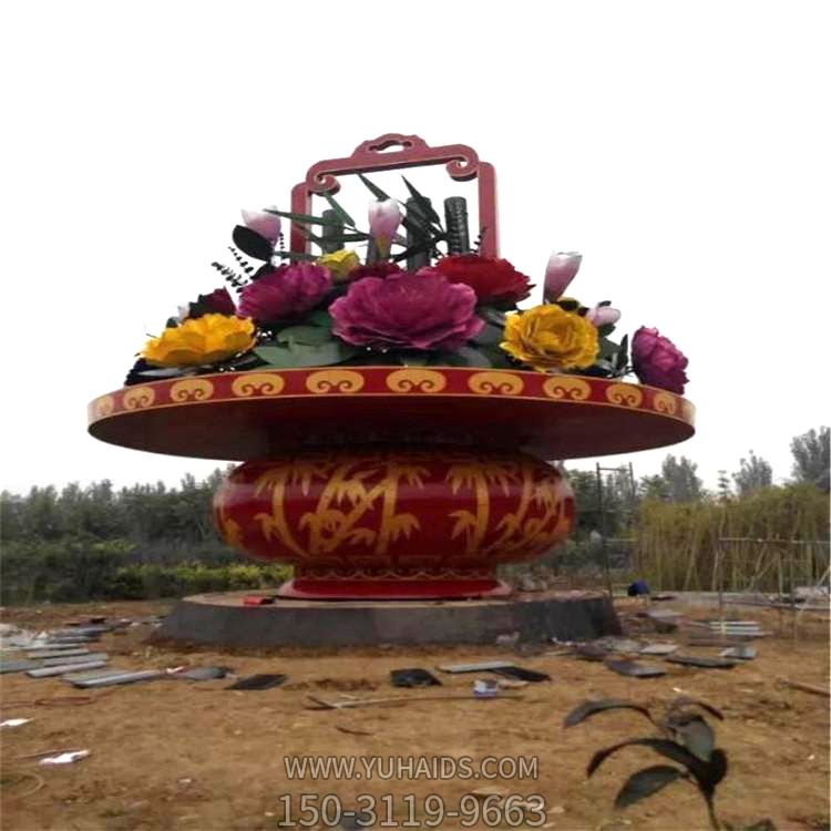 公園廣場(chǎng)大型玻璃鋼景觀花籃，慶典大花籃雕塑