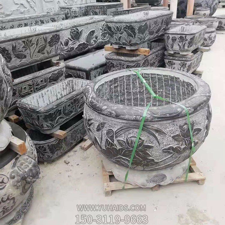老石槽，黑色大理石石雕水缸水盆雕塑