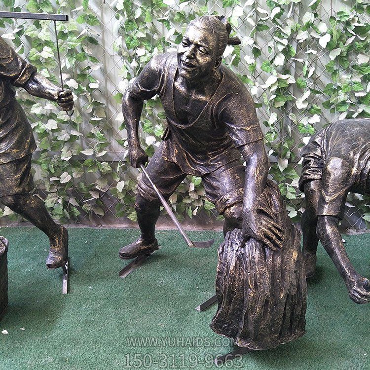 割稻子，玻璃鋼仿銅農(nóng)耕人物雕塑