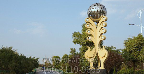 城市創(chuàng)意鳳凰托舉不銹鋼鏤空球雕塑 城市創(chuàng)意鳳凰托舉不銹鋼鏤空球雕塑