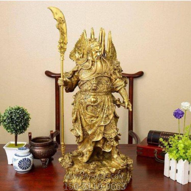 黃銅鑄造關(guān)公橫刀武財(cái)神雕像辦公室裝飾品雕塑