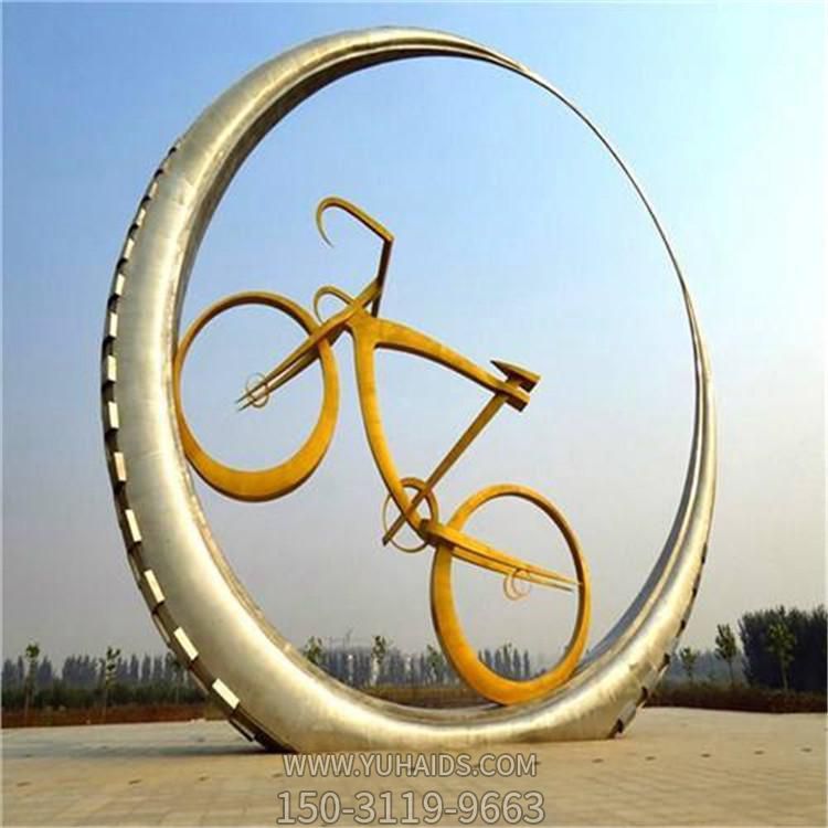 戶(hù)外公園不銹鋼創(chuàng)意圓環(huán)中的自行車(chē)景觀擺件雕塑