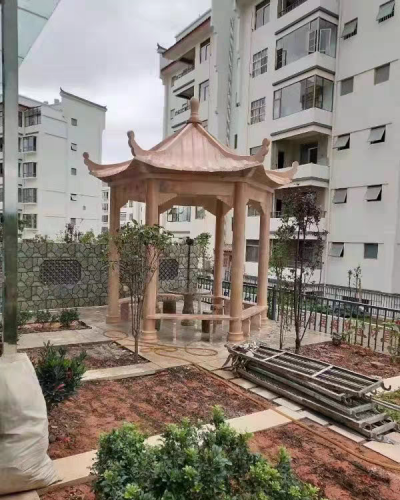 小區(qū)園林石涼亭，晚霞紅大理石石雕亭子