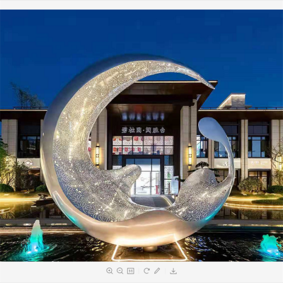 不銹鋼月亮水滴雕塑，透光水景裝飾雕塑