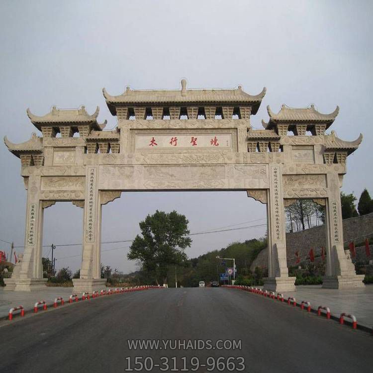 城市街道擺放大理石雕刻三門(mén)樓新中式牌坊雕塑