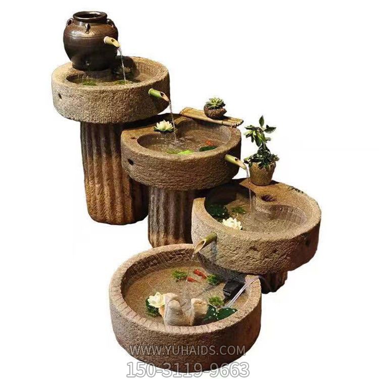 別墅庭院老舊石槽組合魚(yú)缸石頭水缸養(yǎng)魚(yú)石盆戶外石磨青石景觀流水?dāng)[件雕塑