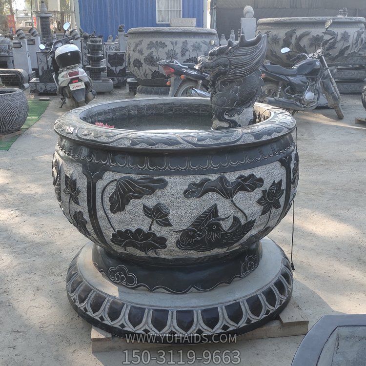 石雕青石魚(yú)缸仿古做舊圓缸流水?dāng)[件 園林庭院裝飾擺件雕塑