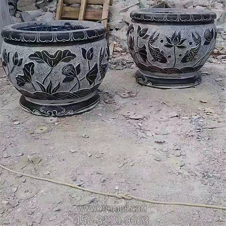 鯉魚，荷花，荷葉紋飾石雕水缸雕塑