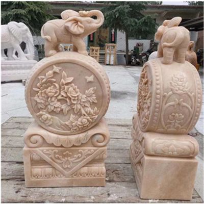 晚霞紅石雕庭院別墅門(mén)口浮雕大象鎮(zhèn)宅抱鼓石