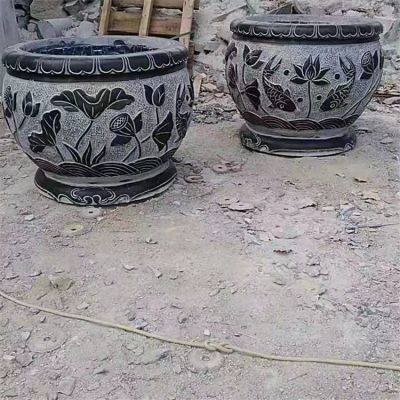 鯉魚，荷花，荷葉紋飾石雕水缸