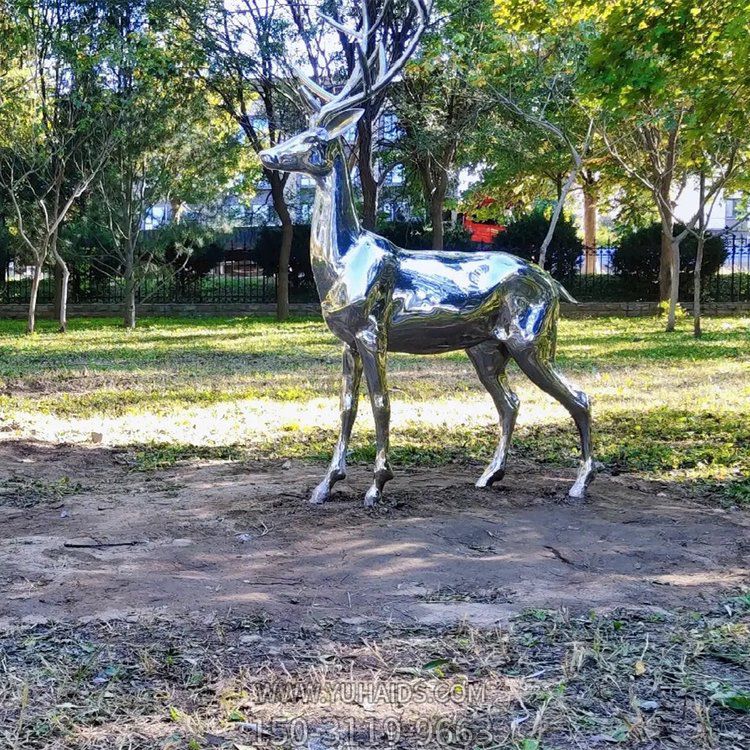 不銹鋼鏡面鹿，園林梅花鹿動物擺件雕塑