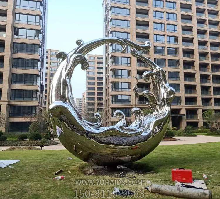 不銹鋼大型月亮圓環(huán)鏤空球金屬魚(yú)浪花校園廣場(chǎng)戶外景觀雕塑