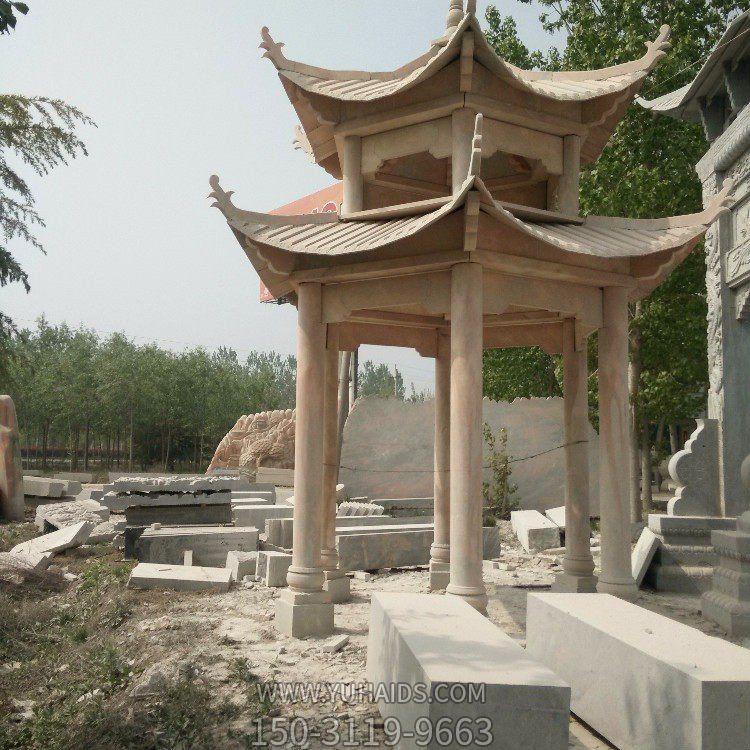 雙層戶(hù)外園林景觀(guān)晚霞紅石雕涼亭擺件雕塑