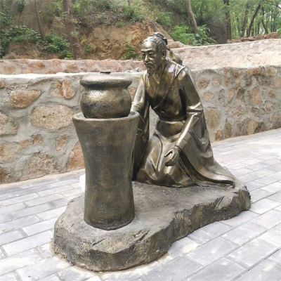 煎藥古代人物，中醫(yī)文化熬制中藥玻璃鋼仿銅情景雕塑