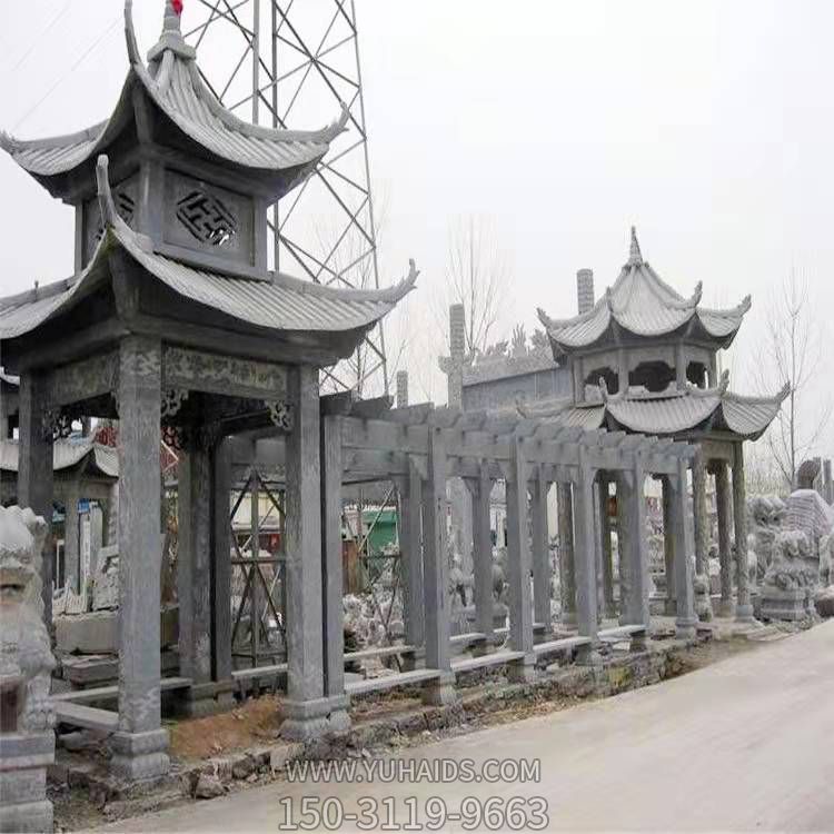青石雕刻仿古建筑二層頂中式涼亭長廊花架公園小區(qū)擺件雕塑